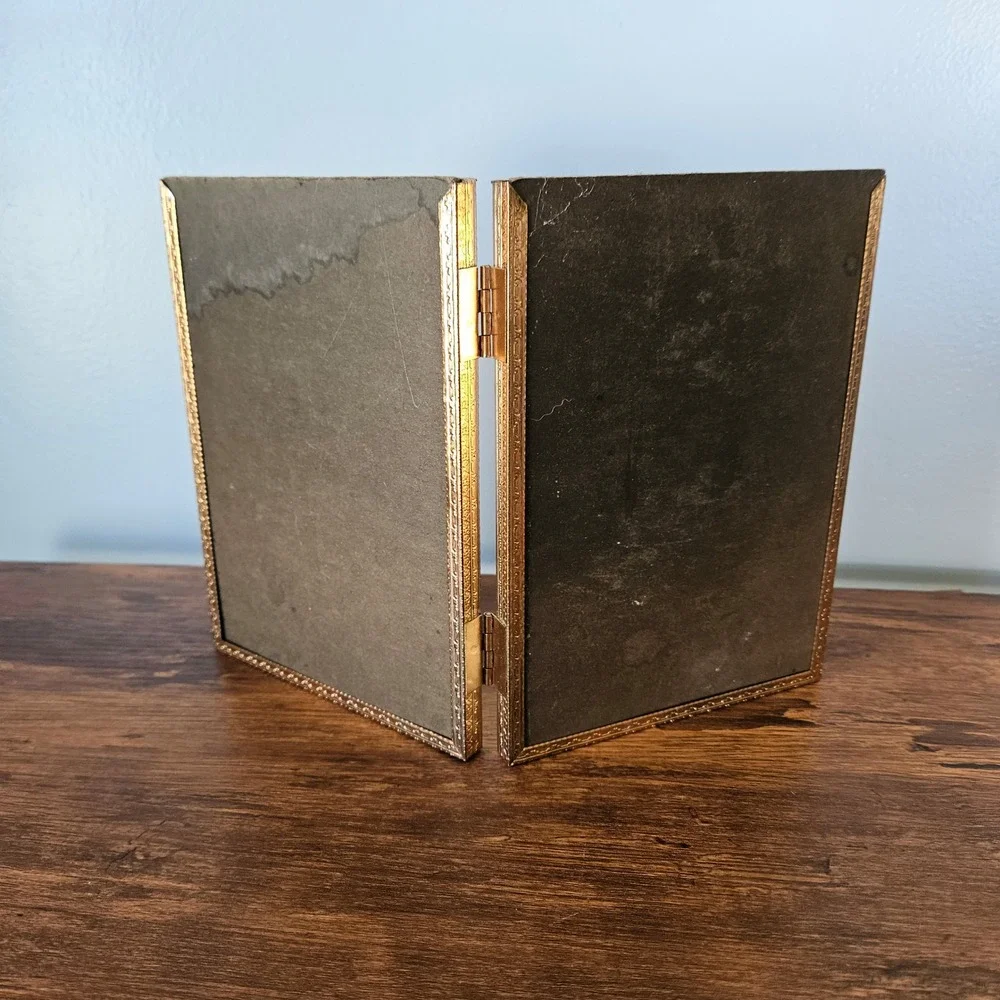 Vintage Gold Tone Metal Folding Double Picture Frame Ornate Floral Embossed 8x10